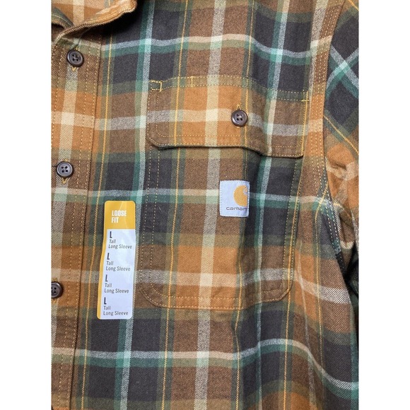 Carhartt Loose Fit Heavyweight Flannel Plaid Green Orange Shirt Mens L Tall NWT - Picture 2 of 9